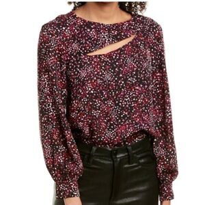 NWT Parker Womens XS Black w/white & red blocks Cutout Top w/long ruffled sleeve